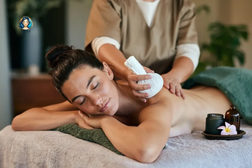 Professional Full Body Massage equipment including massage table, towels, massage oils, and spa accessories for a relaxing treatment.
